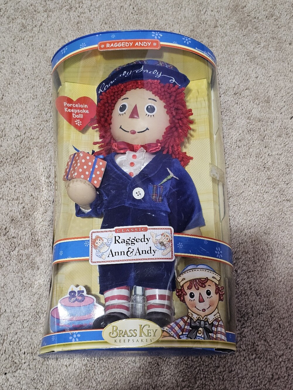 New! Vintage Raggedy Andy Porcelain Doll Brass Key Keepsakes 85th Anniversary